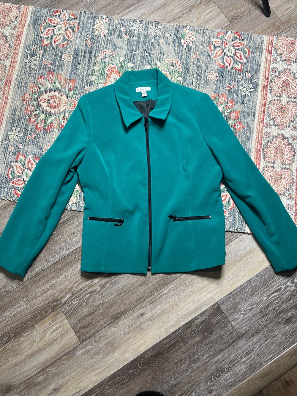 Kim Rogers Vintage Teal Zip-Front Blazer Petite